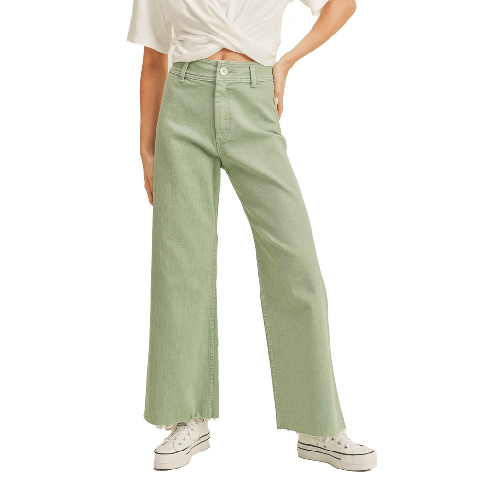 Miou‎ Muse Straight Wide Leg Denim Raw Hem High Waist Casual Sage Green Large